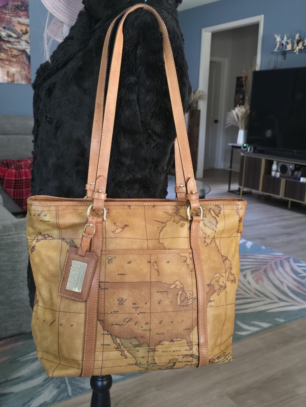 Authentic Alviero Martini Map-Print Leather Tote in Tan and Brown